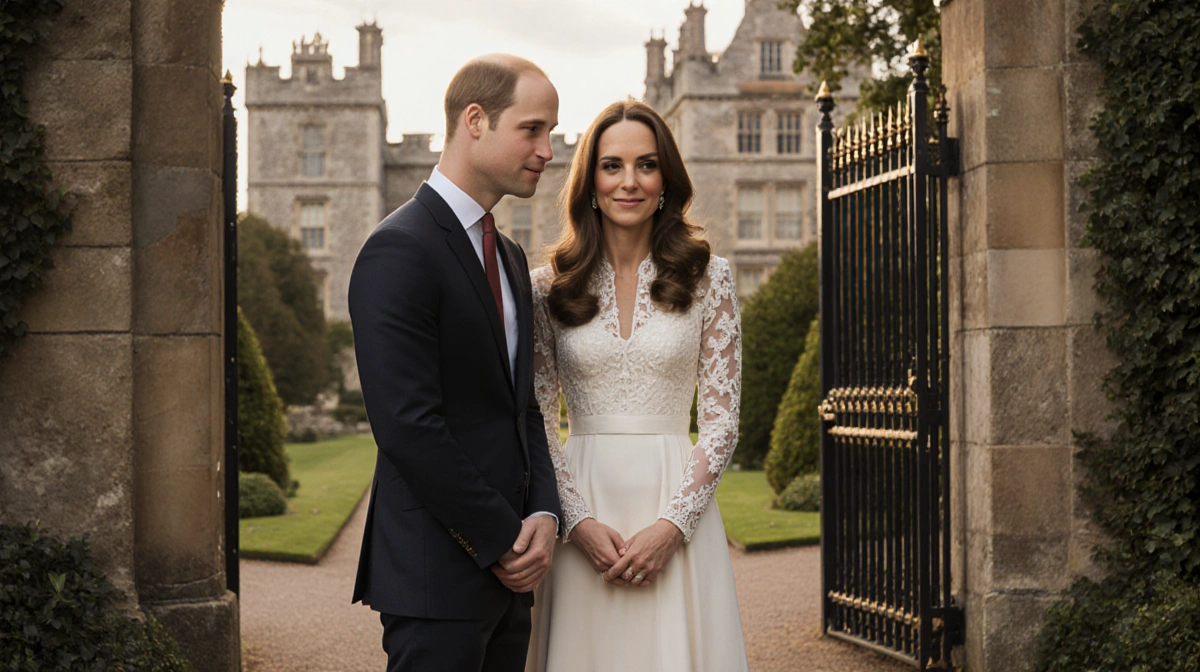 Prince William and Princess Catherine standing with attire near Duchy of Cornwall gates amid English countryside.