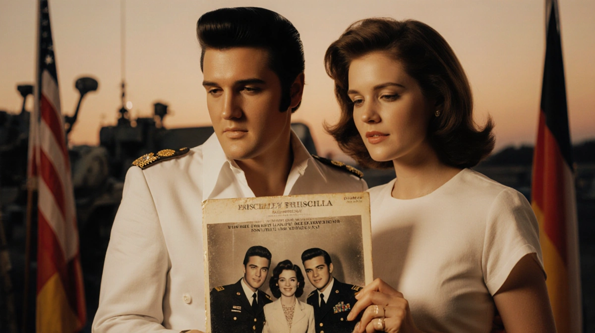 Priscilla and Lisa Marie Presley holding Elvis album with faded photo and German military backdrop