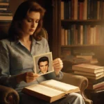 Priscilla Presley gazing at Elvis photograph with vintage books and warm golden light spilling across her lap