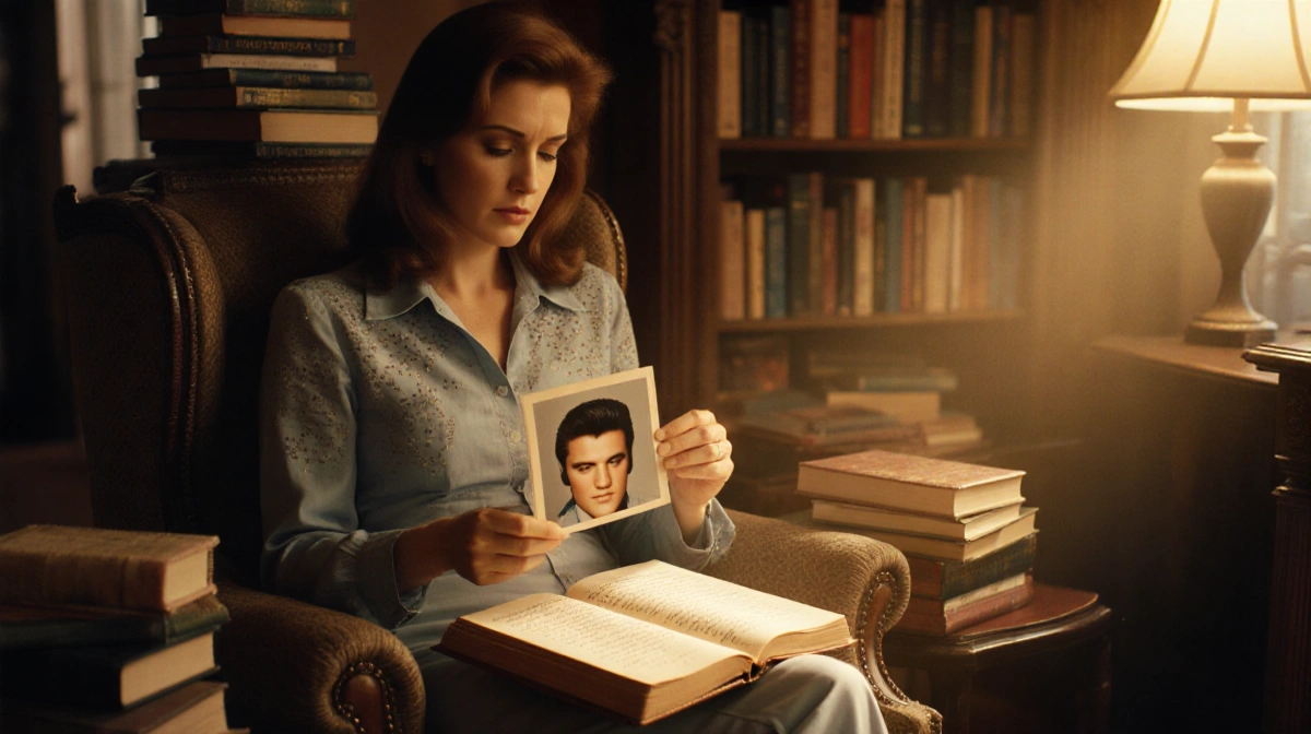 Priscilla Presley gazing at Elvis photograph with vintage books and warm golden light spilling across her lap