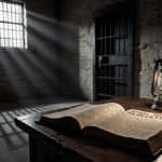 Open book lies on wooden desk with lantern glow and stone prison cell walls.
