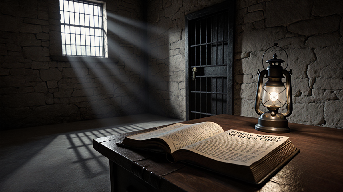 Open book lies on wooden desk with lantern glow and stone prison cell walls.