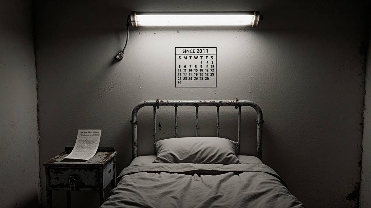 Empty prison cell holds a confinement bed with a light and a drawer with a reflection and a calendar on the white wall