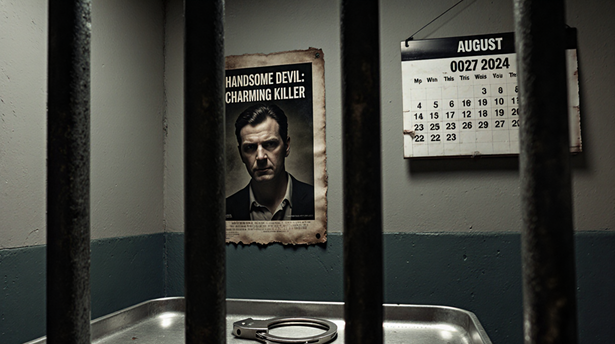 Handcuffs lie open on metal tray in a prison cell with faded poster and August 2024 calendar.