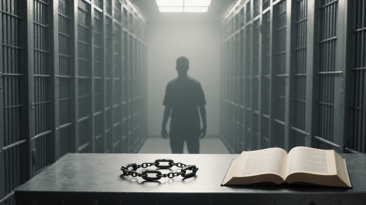 Empty prison cell holds shackles on table with open book and ghostly figure showing wrongful conviction