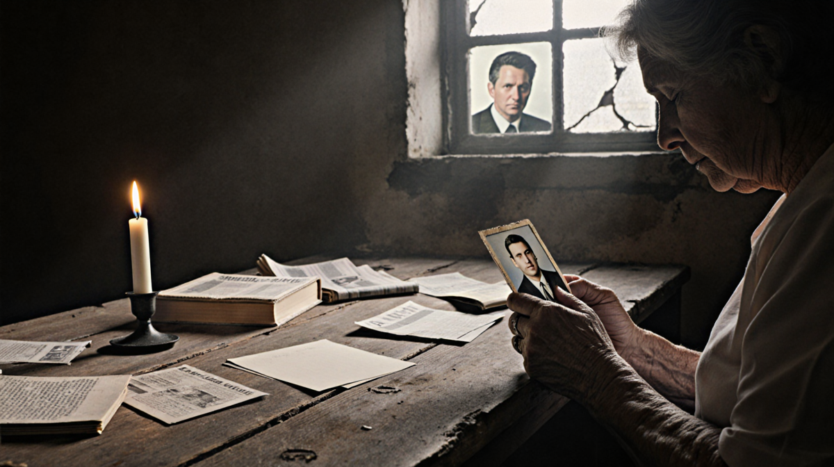Nanon Williams looking down holding a worn photograph of Nick Reiner with candlelight illuminating scattered prison books