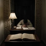 Solitary student slumps over desk with handwritten notes and prison door looming in Sarah Lawrence corridor