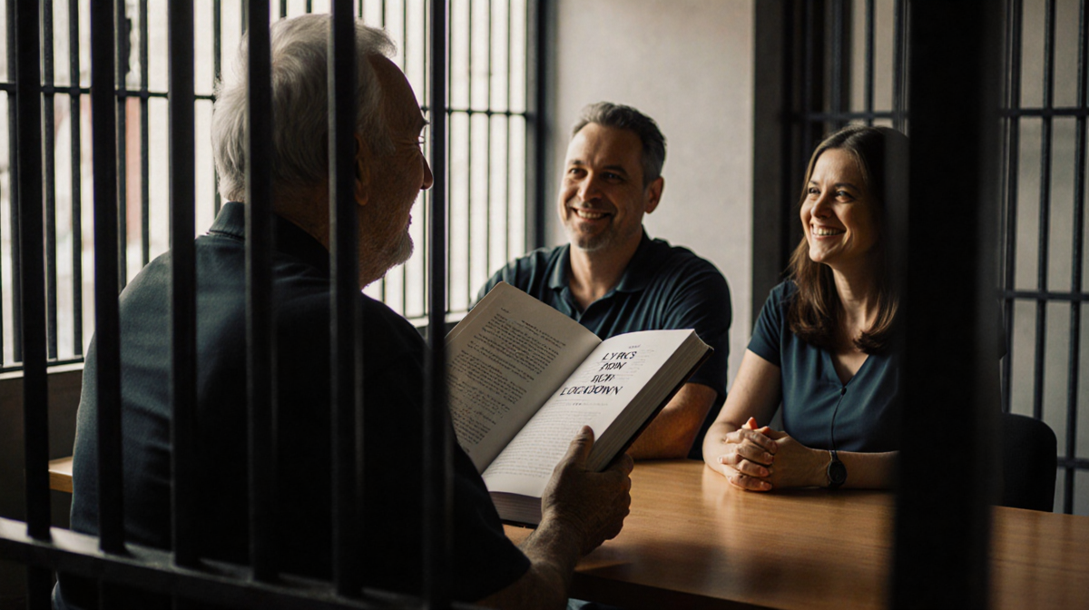 Middle-aged man holds a large book titled Lyrics From Lockdown in dim prison visitation room with bars and warm smiles.