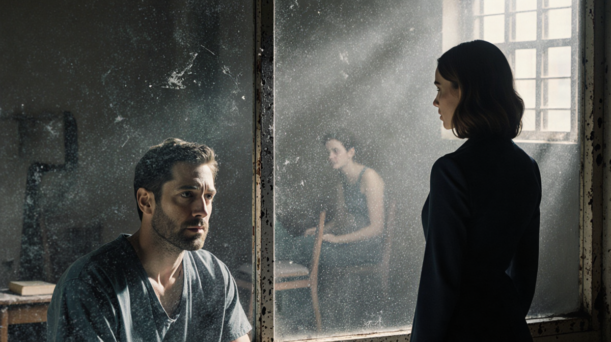 Yarris sits in dim prison cell with back to camera while Jackie stands across glass partition showing concern and waiting dur