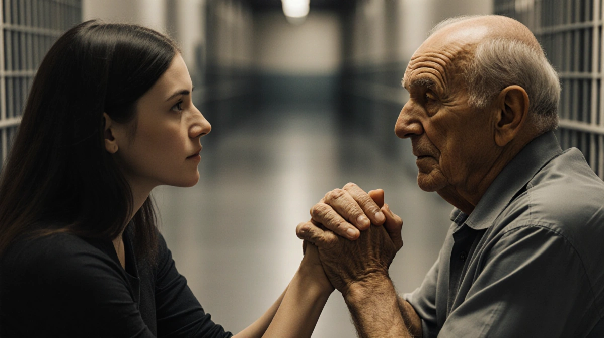 Young woman sits across from older man with hands clasped showing empathy and hope in prison visitation room