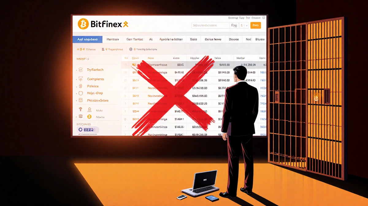 Ilya Lichtenstein standing before prison door with laptop and phone on ground and red X over bitcoin exchange at sunset