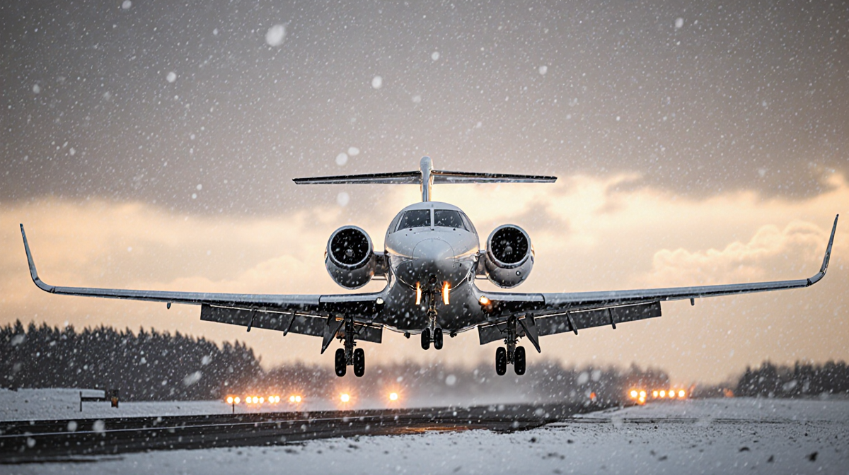 Private jet taking off with snow falling and runway lights glowing at Bangor International Airport