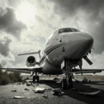 Private jet nose-diving near runway with debris scattered and landing gear broken