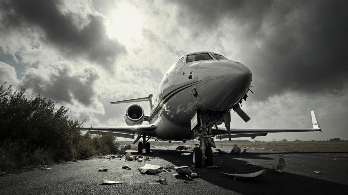 Private jet nose-diving near runway with debris scattered and landing gear broken