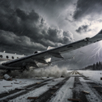 Wrecked private jet wing lies on its side with smoke and debris around and a snow-covered runway under a winter storm