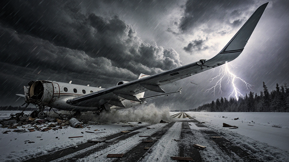 Wrecked private jet wing lies on its side with smoke and debris around and a snow-covered runway under a winter storm