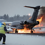 Private jet on runway with flames licking tires and smoke from engines and emergency responders in yellow vests rush toward w