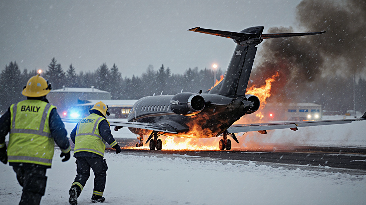 Private jet on runway with flames licking tires and smoke from engines and emergency responders in yellow vests rush toward w