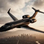 Matte black private jet soaring through sunset clouds with golden light reflecting on wings and mountains below
