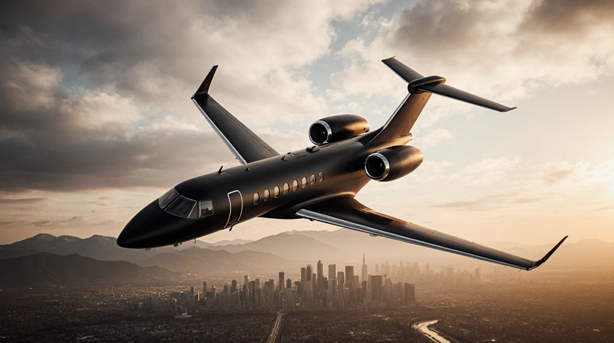 Matte black private jet soaring through sunset clouds with golden light reflecting on wings and mountains below