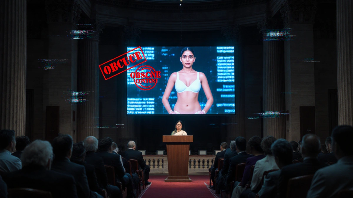 Priyanka Chaturvedi addresses parliament with AI-generated bikini image flashing and obscene stamps.