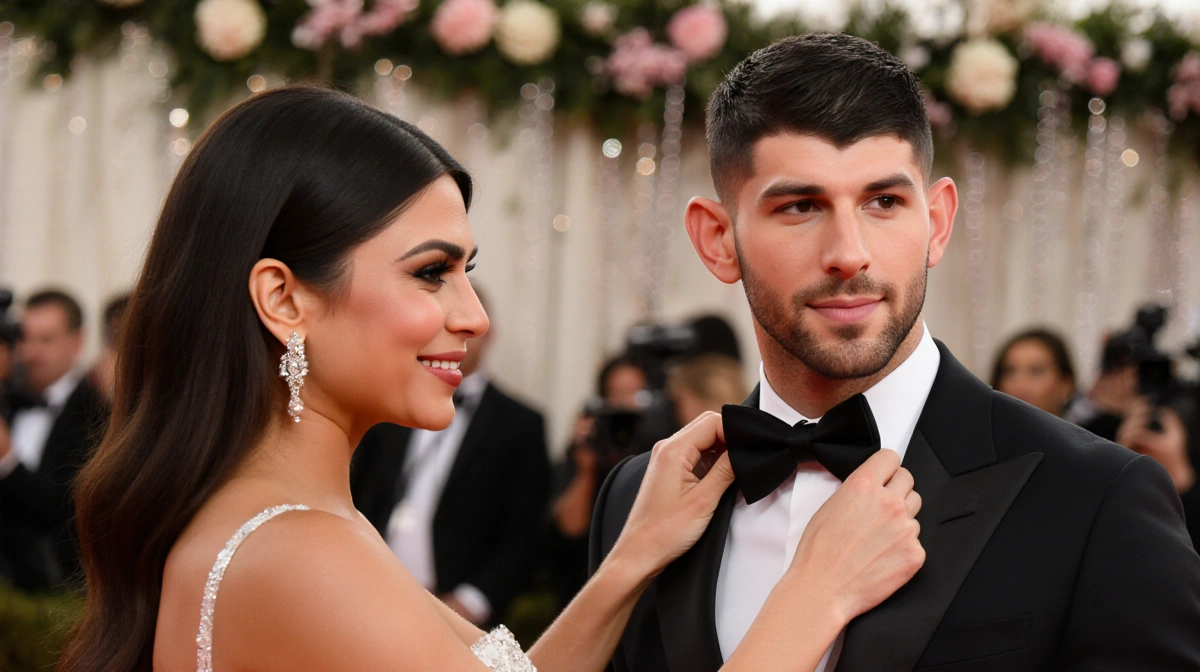 Priyanka Chopra Jonas adjusting Nick Jonas's bowtie with gentle smile and red carpet decorations behind