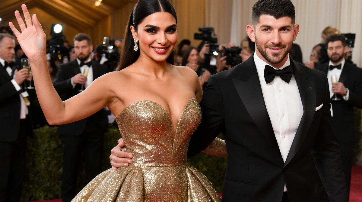 Priyanka Chopra and Nick Jonas walking the red carpet with her gold gown shimmering and his tuxedo gleaming under bright ligh