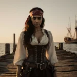 Priyanka Chopra Jonas standing on wooden dock with pirate costume and sailboat silhouette at dusk