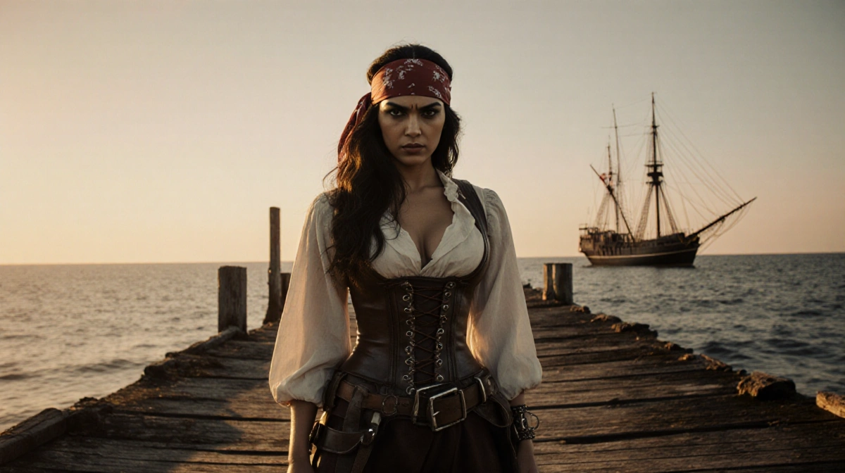 Priyanka Chopra Jonas standing on wooden dock with pirate costume and sailboat silhouette at dusk