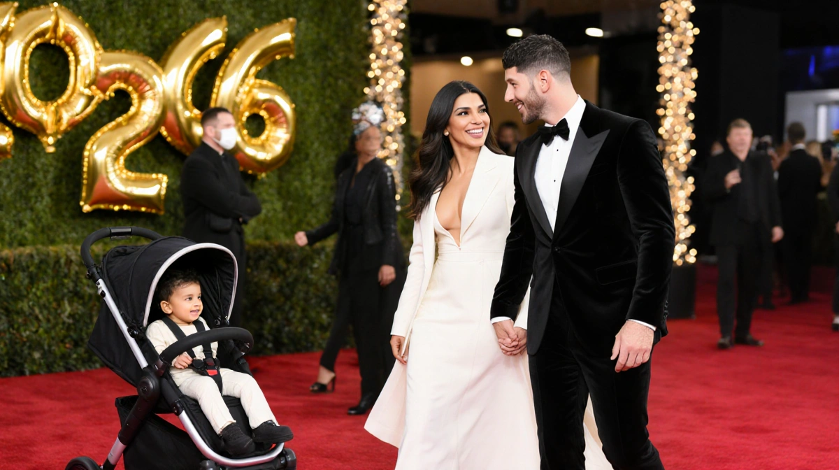 Priyanka Chopra and Nick Jonas walking hand-in-hand on the red carpet with golden balloons and baby stroller visible (97 char