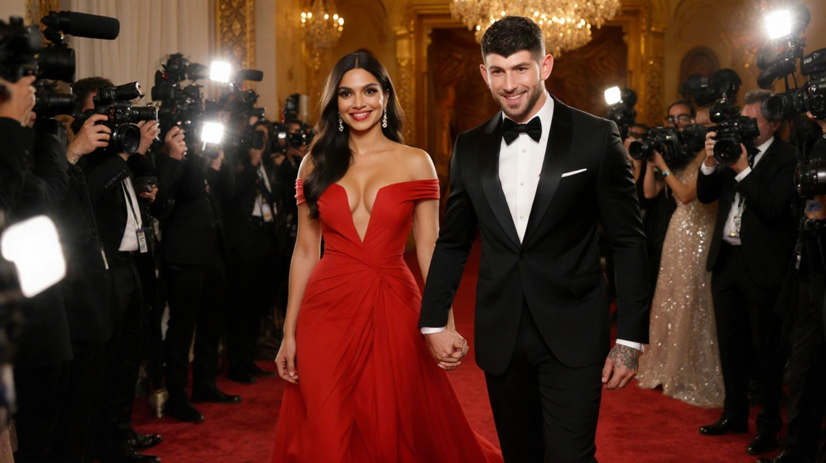 Priyanka Chopra Jonas and Nick Jonas walking hand-in-hand on red carpet with her red gown and his black tuxedo