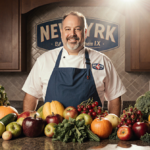 Peter Napolitano standing proudly behind a vibrant fruit and vegetable display with sunny kitchen light and News 4 NY logo