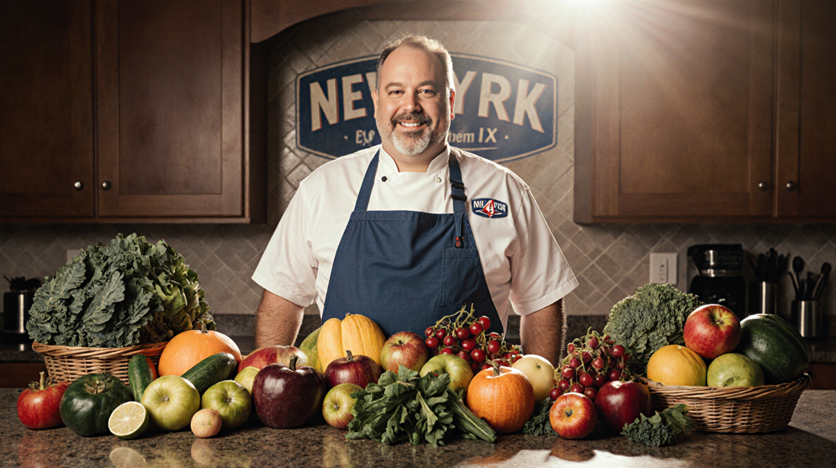 Peter Napolitano standing proudly behind a vibrant fruit and vegetable display with sunny kitchen light and News 4 NY logo