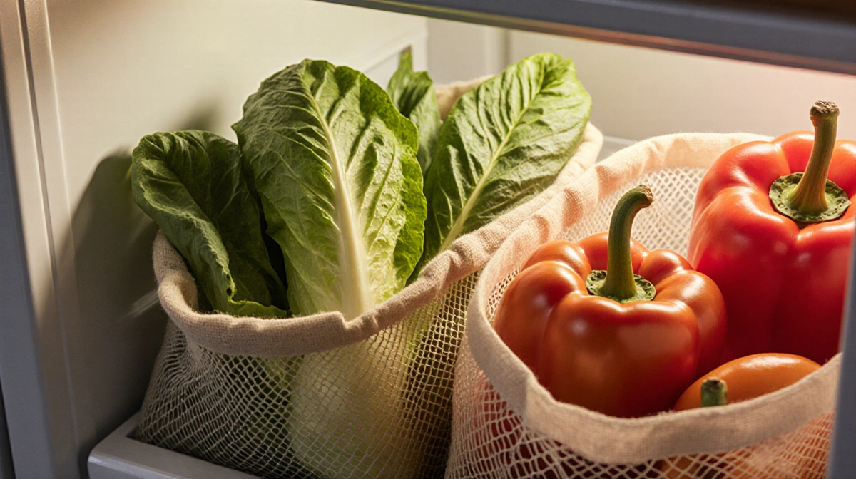 Refrigerator drawer holds fresh romaine lettuce and red peppers in linen bag with wilted lettuce in mesh bag beside discolore