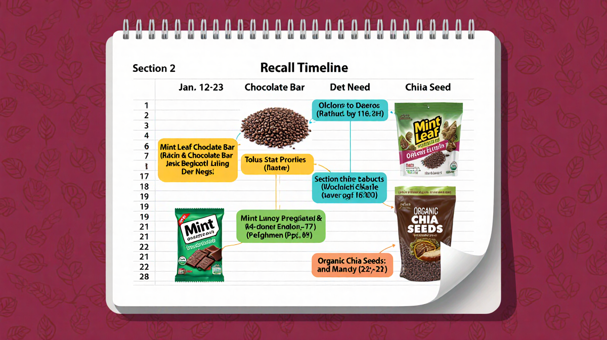 Table shows recall timeline with highlighted calendar dates and product labels for chocolate bars and chia seeds.