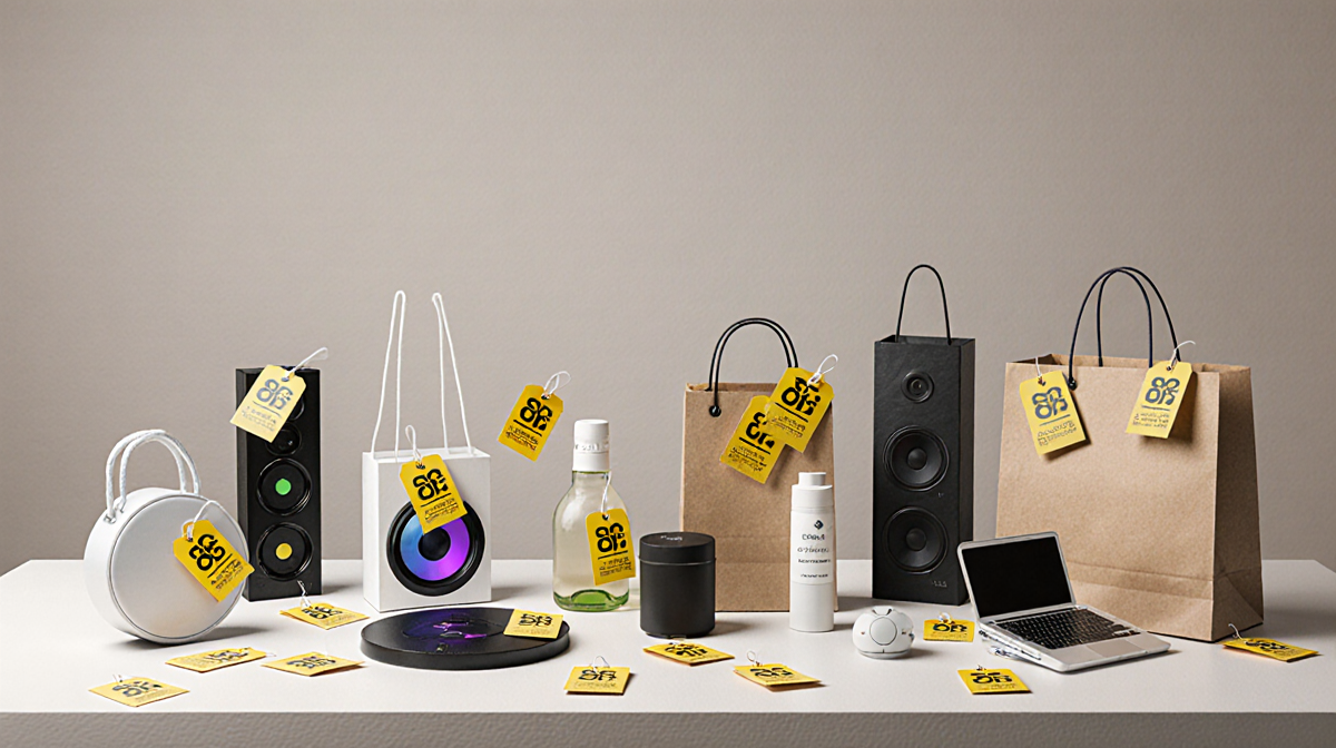 Table displaying assorted products with price tags and discount stickers and scattered shopping bags