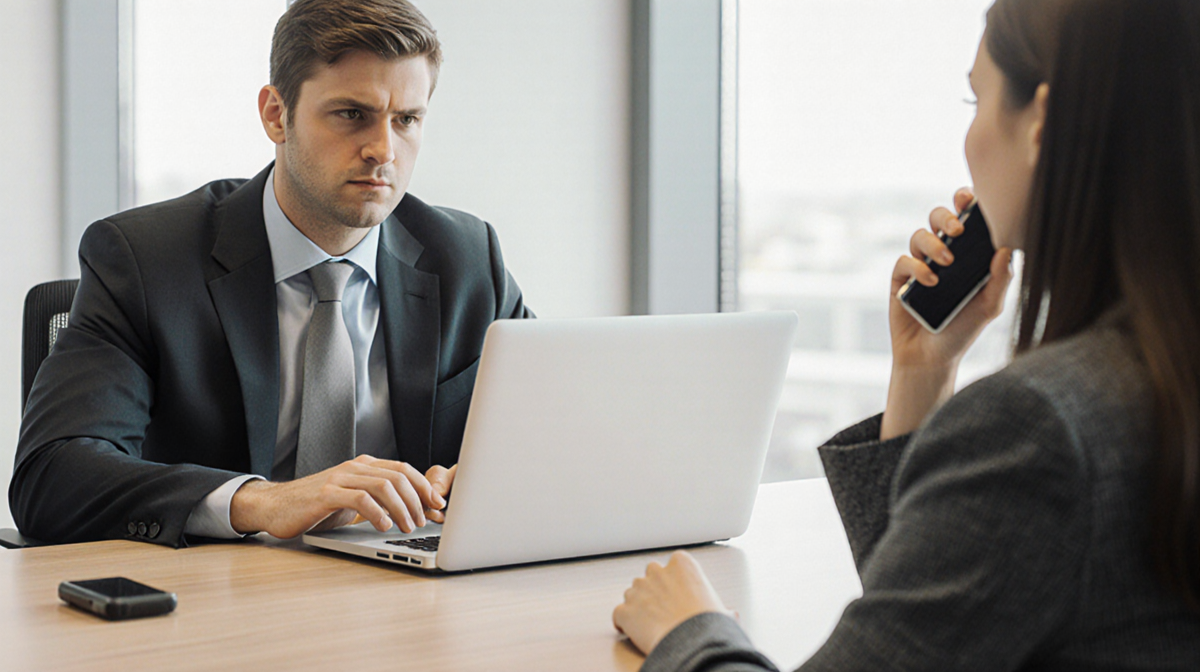 Todd sits at conference table with laptop open and suit while Bronwyn smiles at her phone with Palm Pilot logo visible