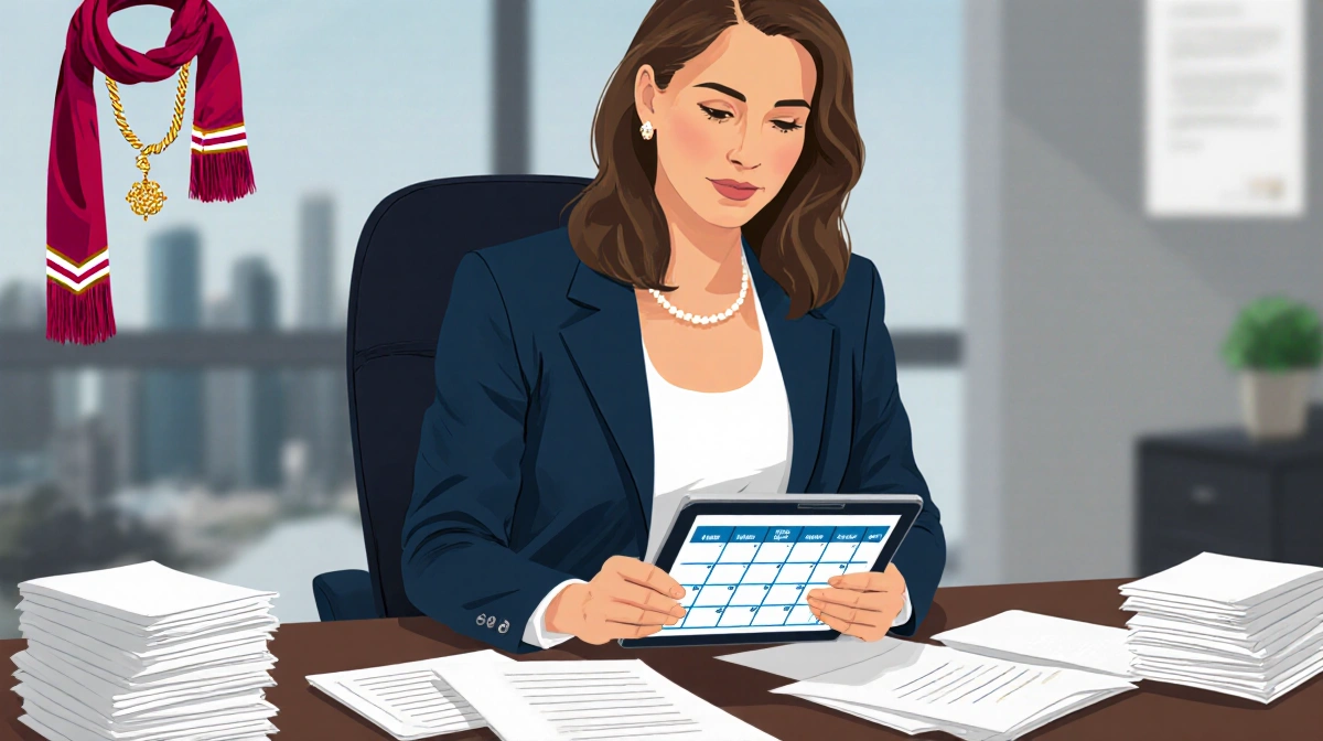 Professional woman working on laptop with tablet showing calendar and networking materials nearby