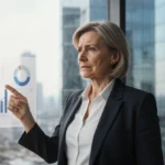 Professional woman presenting company data with city skyline reflected in office window and chart on nearby screen