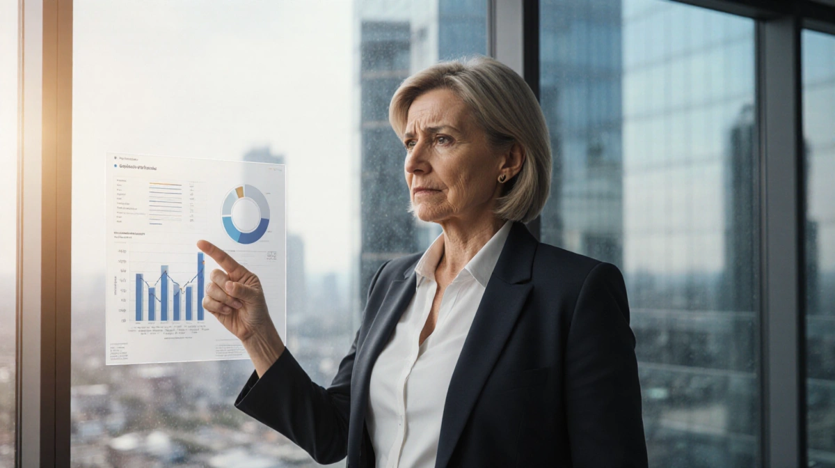 Professional woman presenting company data with city skyline reflected in office window and chart on nearby screen