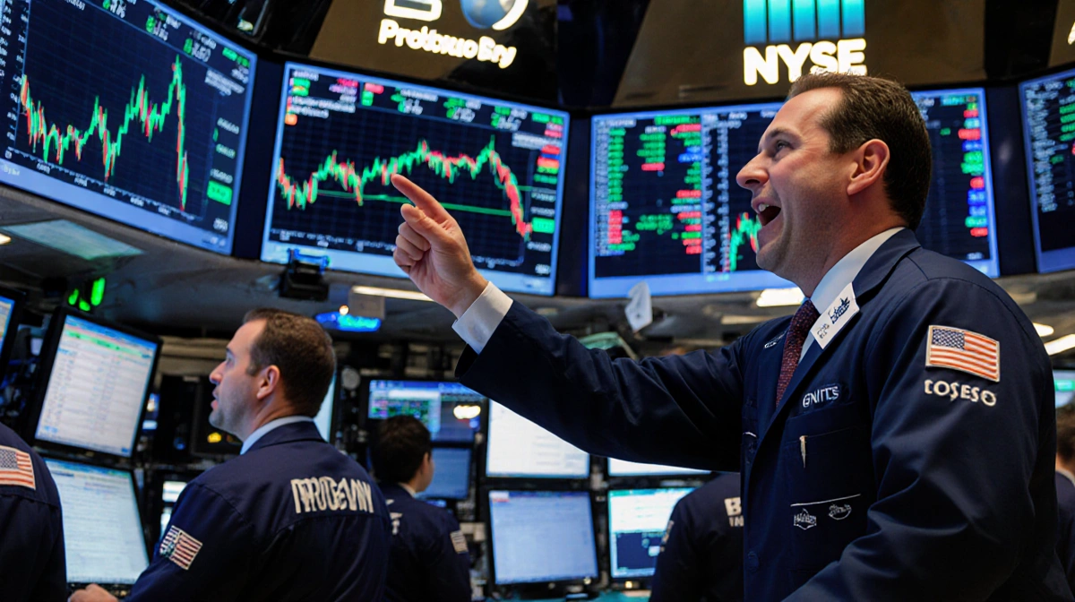 Trader points excitedly at Progyny stock ticker on screen with blue-green trading floor lights and focused investors behind