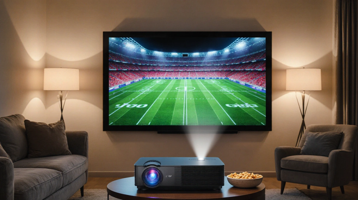 Sleek projector beams vibrant football field onto wall with cozy couch and snacks nearby
