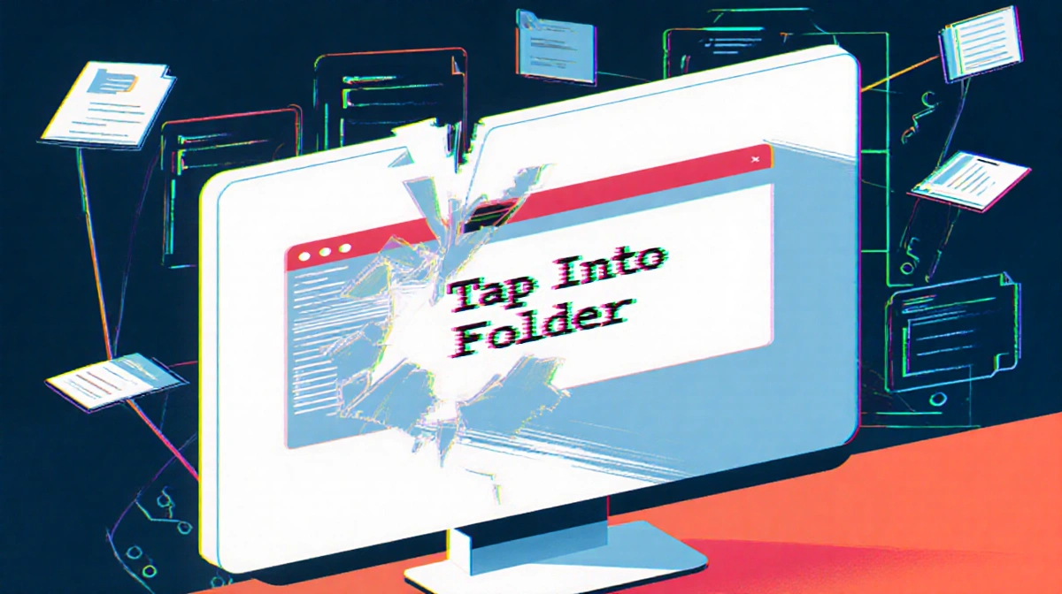 Computer screen shows glitchy text reading Tap Into Folder with fragmented network diagram and scattered files indicating sec