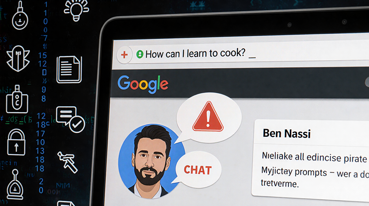 Computer screen with Google search and Gemini AI chat showing Ben Nassi's face and malicious prompts near hacking code