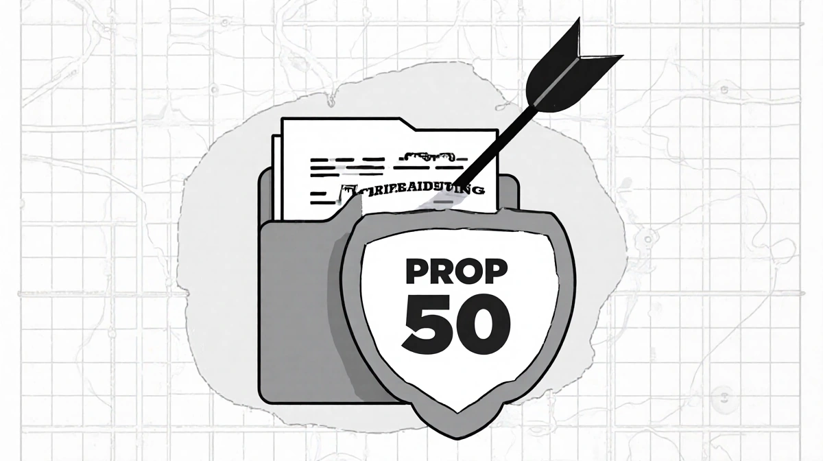 Prop 50 document crushes redistricting commission shield with arrow piercing through and grid pattern behind