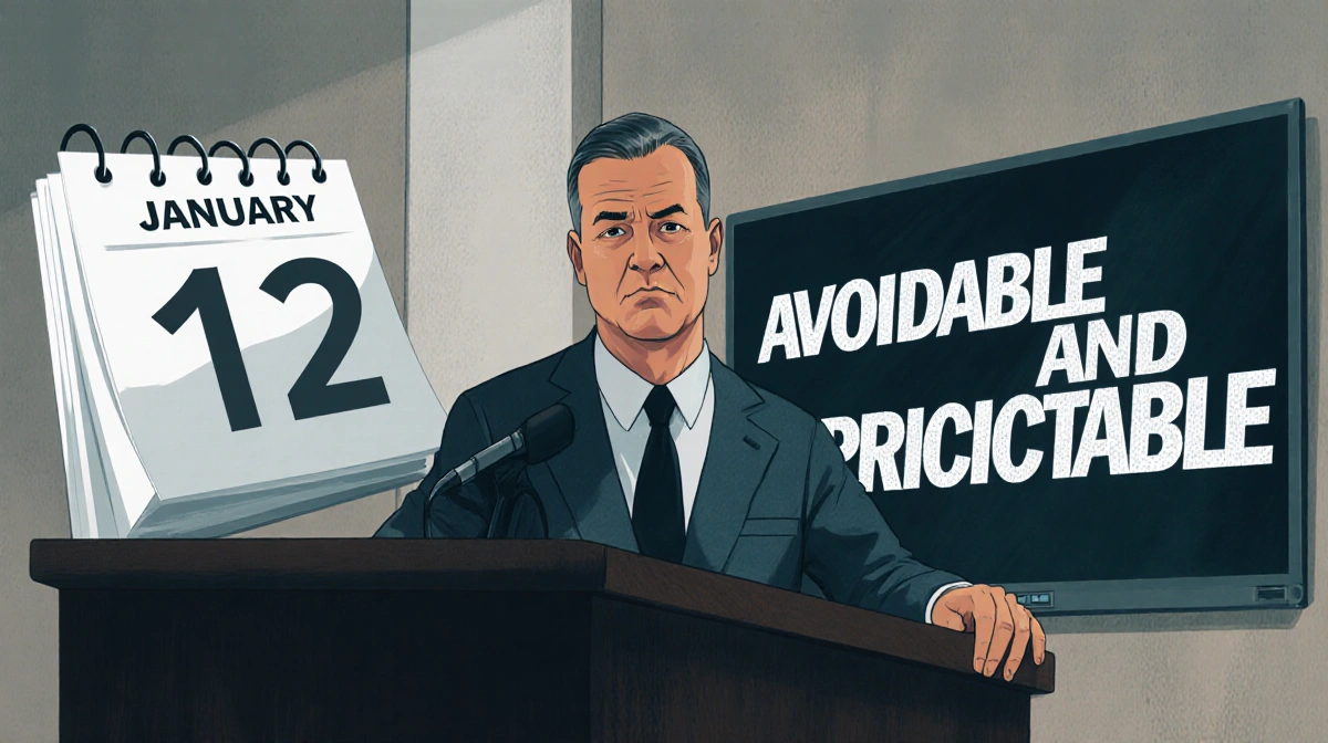 Prosecutor speaking at podium with January 12th calendar visible and avoidable predictable text on screen behind