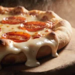 Protein pizza lifts from board with melted cheese stretching and pepperoni glistening in natural light