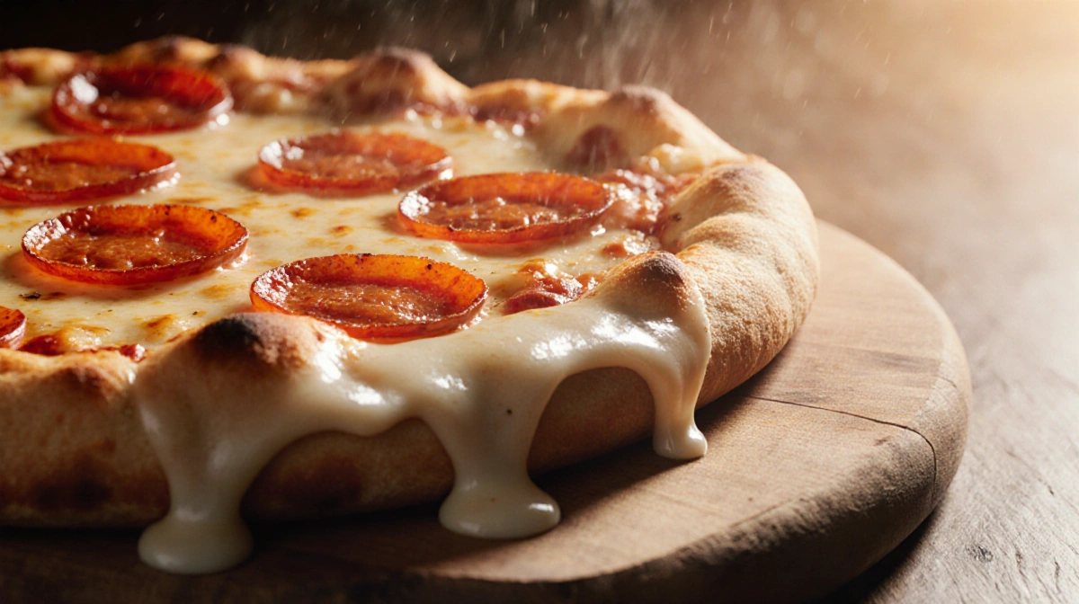 Protein pizza lifts from board with melted cheese stretching and pepperoni glistening in natural light