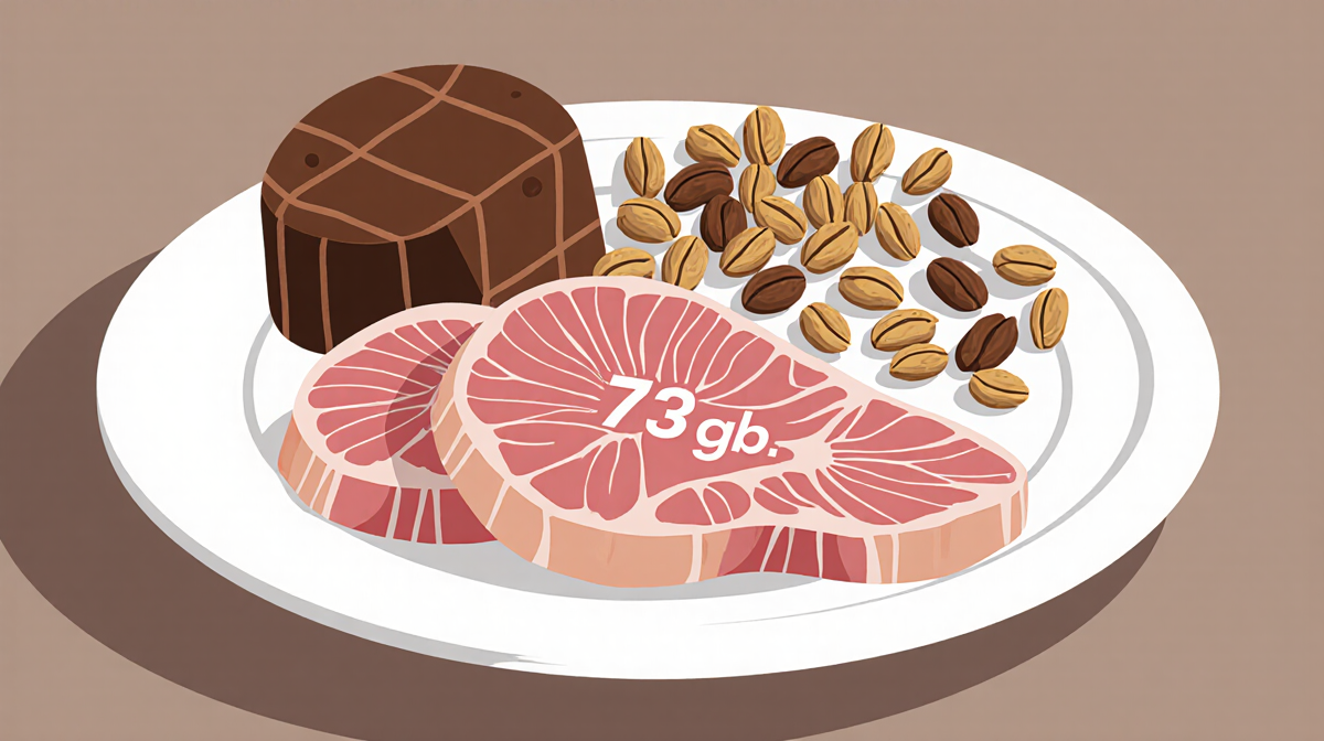 Plate of protein showing 73 grams with chicken breast and nuts and seeds arranged neatly