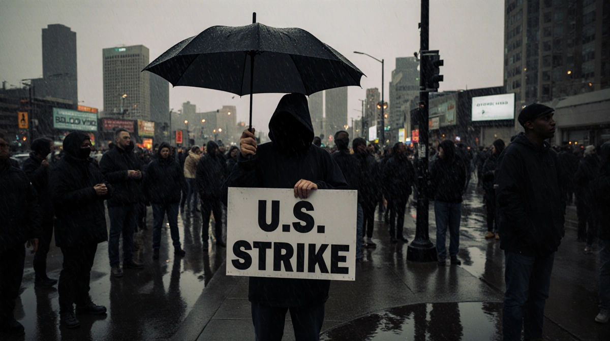 Protesters holding signs with umbrellas in rain and reflecting puddles in Los Angeles streets.